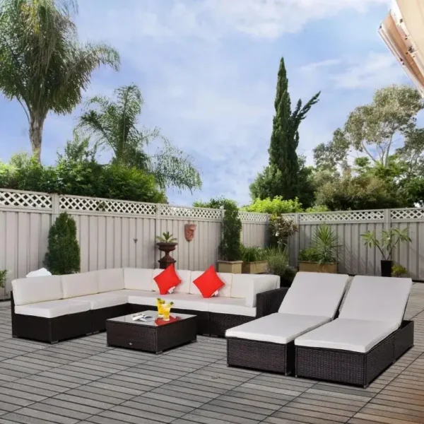Bộ bàn ghế ngoài trời 9 món, đệm, gối ném, bộ ghế sofa 8 chỗ, 2 ghế dài ngả lưng