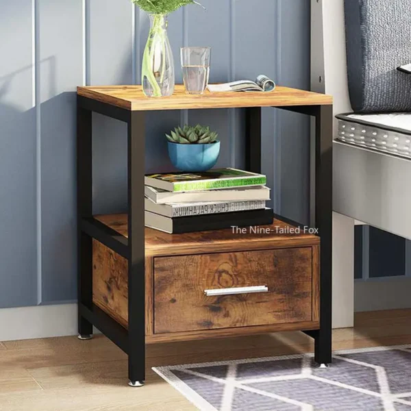 Bàn Cạnh Giường Ngủ Phong Cách Công Nghiệp Gỗ Vintage Ngăn Kéo Tủ đầu giường Đa Năng Bàn Nội Thất Phòng Ngủ XY50BT