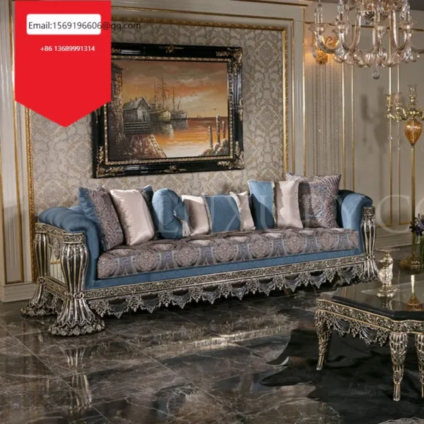 Sofa Phòng khách châu Âu tùy chỉnh Ghế Sofa vải ba người kiểu Pháp sang trọng bằng gỗ nguyên khối Sofa gia đình lớn