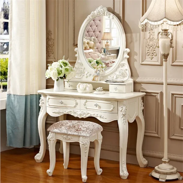 Bộ bàn trang điểm châu Âu có gương Bàn trang điểm màu trắng có ngăn kéo & ghế đẩu - Bàn trang điểm gỗ nhỏ cho phòng ngủ
