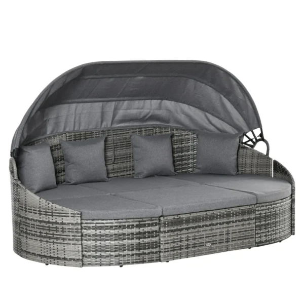 Ngoại thất sân vườn Màu xám Ngoài Trời Đi văng Tròn 4 Miếng Đan Lát Ngoài Trời Ghế Sofa Mây có Tán, Đệm, Gối cho Bãi Cỏ Sân Vườn Sân Sau