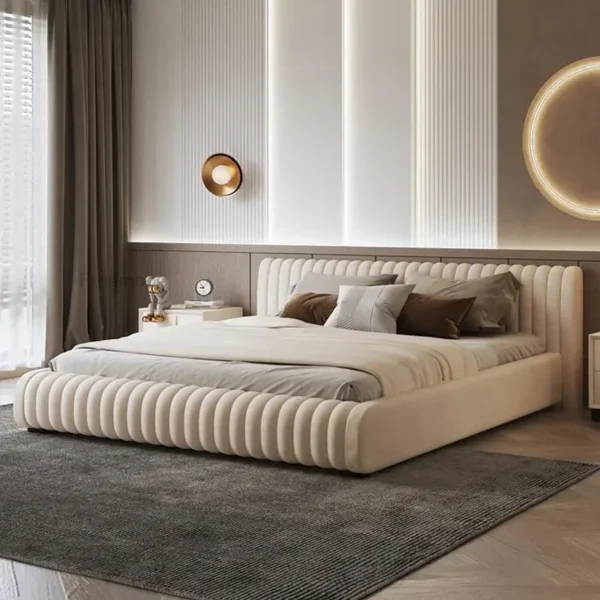 Giường đôi phong cách Italy Thiết kế màu trắng Flannel Thiết kế phím đàn piano với không gian lưu trữ Phòng ngủ hiện đại Nội thất gia đình