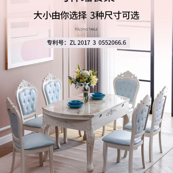 Bàn ghế phòng ăn nhập khẩu, phong cách châu Âu, sang trọng, bắt mắt. Mặt đá cẩm thạch tinh tế.