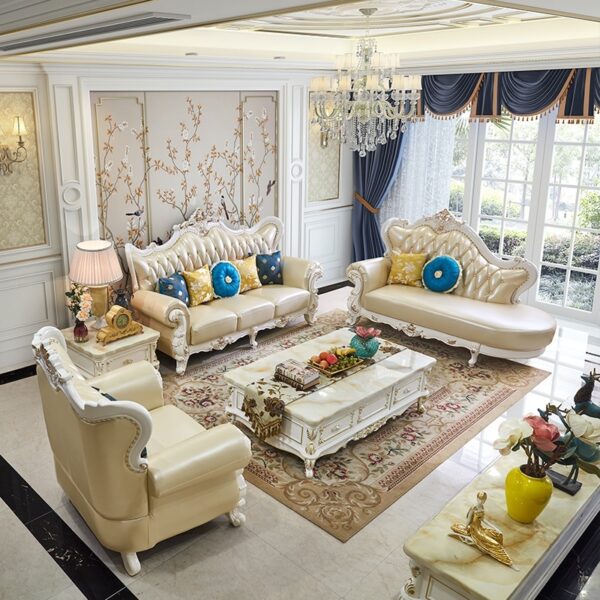 Sofa gia đình lớn và nhỏ phong cách Châu Âu Sofa nhiều loại, chạm khắc hai mặt bằng gỗ nguyên khối, Sofa da văng đơn đôi ba bốn Ghế