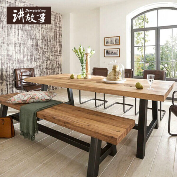Bàn ghế Phong cách công nghiệp Mỹ Bàn ăn gỗ nguyên khối Bàn trà cà phê nhà hàng Bàn ghế gỗ Bàn sắt rèn Bàn ăn