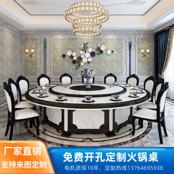 Bàn ăn điện khách sạn kiểu trung quốc gỗ nguyên khối bàn tròn lớn giả đá cẩm thạch khách sạn bàn tiệc bếp từ bàn lẩu cho 20 người