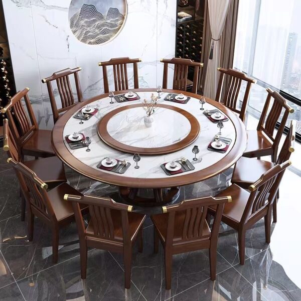 Bàn ăn tròn kết hợp ghế đá kiểu Trung Quốc mới Bàn ăn gỗ đặc 10 người ăn Bàn tròn lớn Bàn ăn gia đình