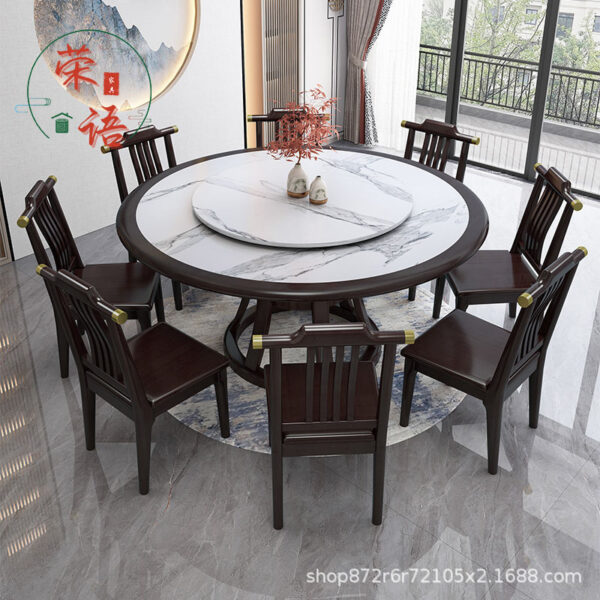 Bàn ăn Trung Quốc mới Bàn ăn gỗ mặt đá chắc chắn Bàn xoay 10 người Bàn tròn lớn Bàn ăn khách sạn