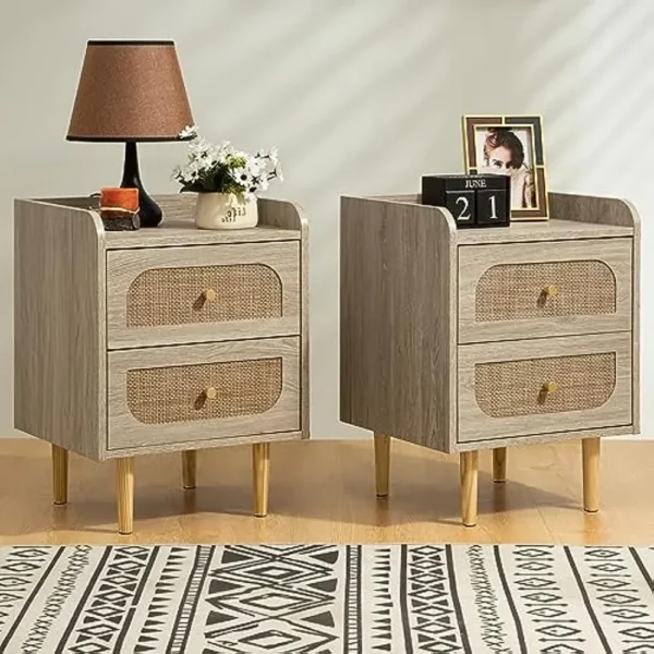 Tủ đầu giường Bộ 2 đầu giường bằng mây có ngăn kéo - Bàn cạnh giường ngủ phong cách Boho có ngăn đựng đồ - Chân giường có chân gỗ nguyên khối - Bàn phụ nhỏ