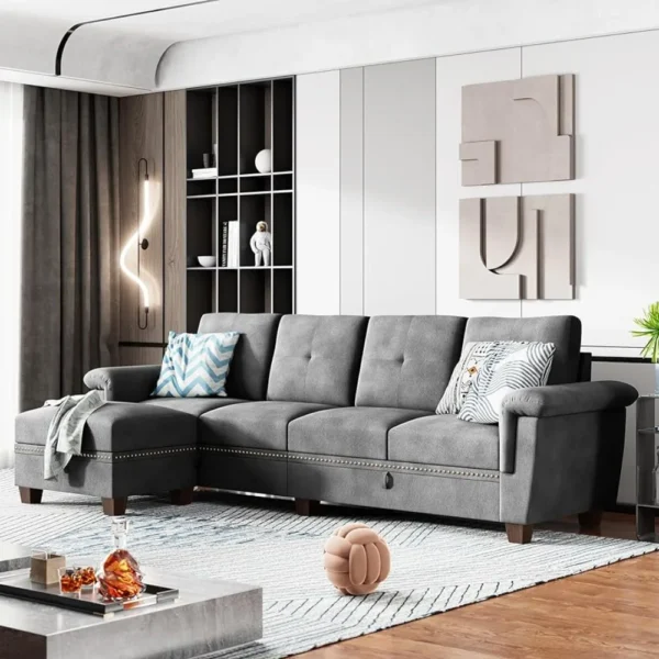 Sofa góc có thể đảo ngược Sofa hình chữ L Ghế dài có thể chuyển đổi với Ghế đựng đồ và giá đựng cốc Ghế Sofa 4 chỗ ngồi