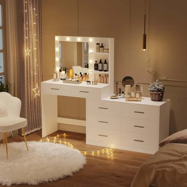 Bàn trang điểm Rovaurx 65" W có gương và đèn 3 màu, 8 ngăn kéo Bàn trang điểm có kệ đựng đồ bên hông, phòng ngủ