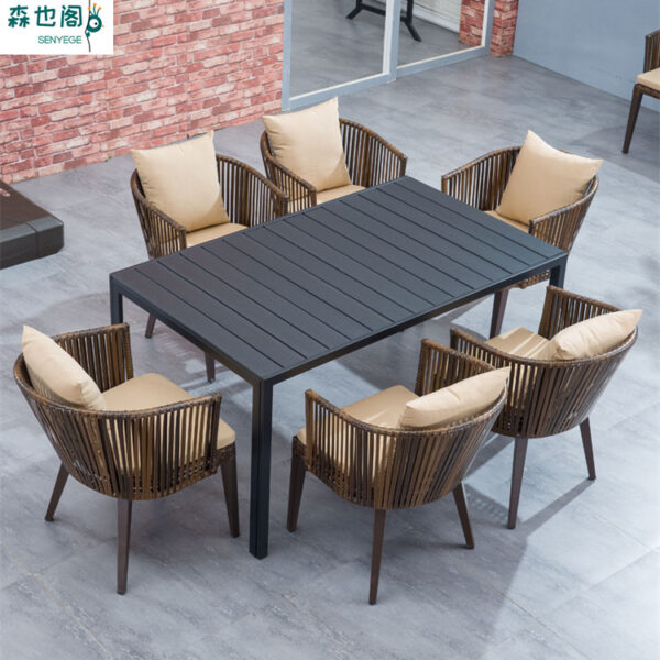 Bộ bàn ghế ngoài trời sân ban công giải trí ngoài trời sân thượng sân vườn lưới chống thấm Bàn cà phê đỏ ghế mây giả mây