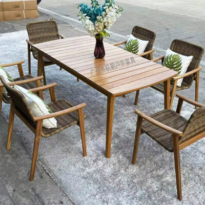 Bộ bàn ghế ngoài trời Phong cách Châu Âu sân vườn biệt thự ghế gỗ mây chống ăn mòn ngoài trời Bộ 7 món ghế mây sân vườn ngoài trời