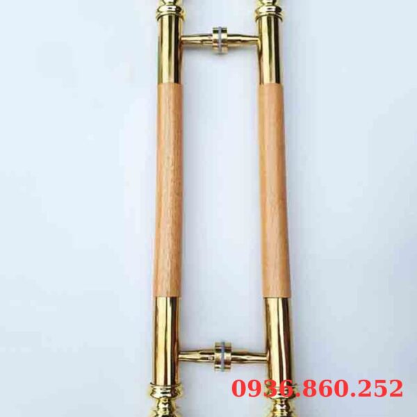 Tay Nắm Cửa Kính Cường Lực, Cửa Nhôm - Tay Nắm Cửa Vàng Đầu Đèn Thân Gỗ.