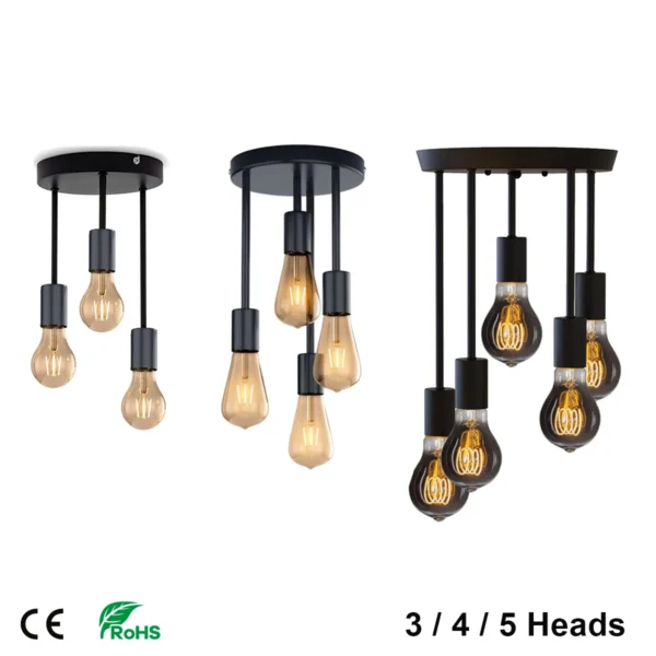 Đèn trần 5 đèn Đèn trần công nghiệp màu đen cổ điển E26 E27 LED Retro Đèn trần cho phòng ăn Nhà bếp Phòng khách R