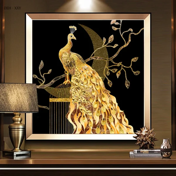 Đồng hồ tranh con công vàng canvas nghệ thuật trang trí lối đi nhà