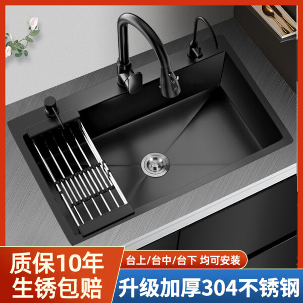 Bồn Rửa Chén Chậu Rửa Bát Nano Lớn Đơn Khe Cắm Handmade Dày Undercounter Lưu Vực Bồn Rửa Đen Bộ Thép Không Gỉ 304