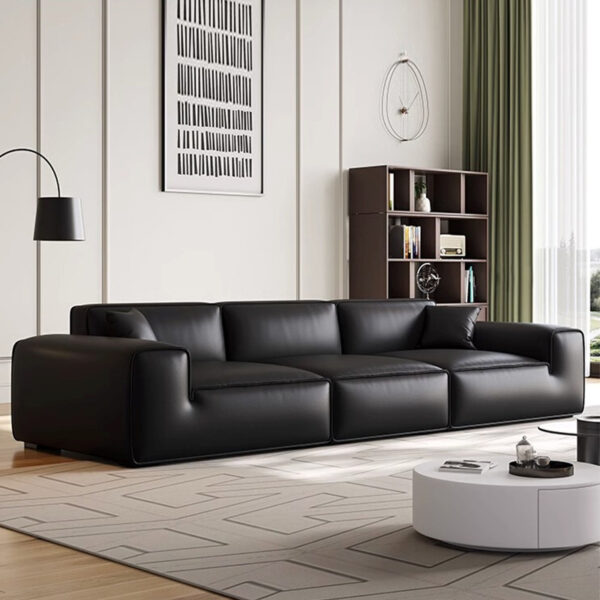 Xiatu Sofa da bò lớn màu đen Phòng khách tối giản Ý Căn hộ nhỏ Ánh sáng hiện đại Ghế sofa ba người thẳng hàng màu đen sang trọng