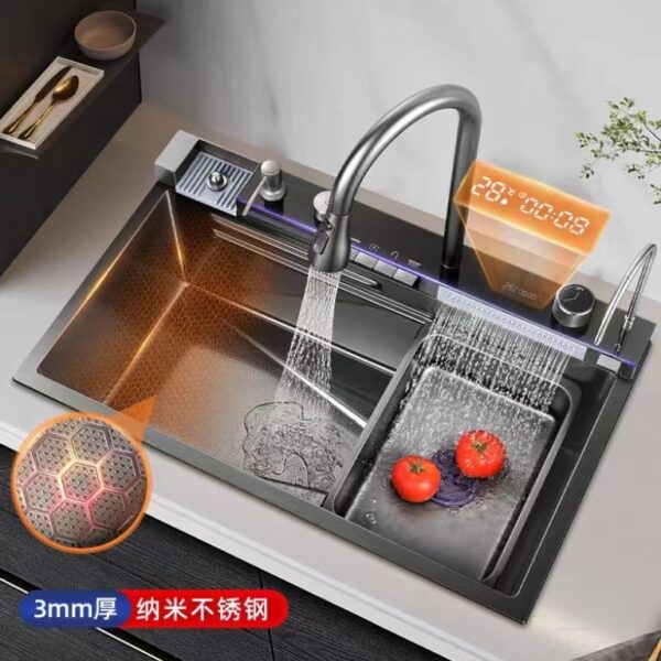 Bồn Rửa Nhà Bếp Màn Hình Hiển Thị Kỹ Thuật Số Màn Mưa Thác Nước Tích Hợp Bồn Rửa Bát Handmade Bộ Thép Không Gỉ Dưới Chậu Rửa Bồn Rửa Đơn Lớn