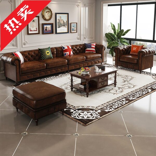 IR Ghế sofa da sang trọng nhẹ của Mỹ Da bò lớp một Ghế sofa bốn chỗ ngồi kết hợp phòng khách Nội thất căn hộ nhỏ
