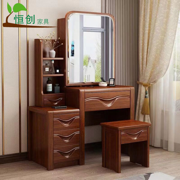Bàn trang điểm quả óc chó hiện đại phong cách Trung Quốc tiết kiệm lưu trữ tích hợp bàn trang điểm bằng gỗ nguyên khối gương trang điểm ghế trang điểm nội thất phòng ngủ