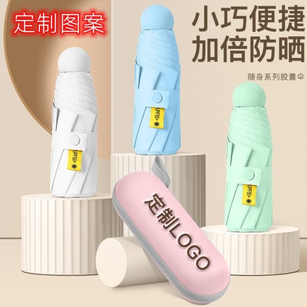 Mini Giảm giá 50% Ô dù hình viên nang Ô che nắng ngoài trời di động Ô che nắng chống tia cực tím dành cho nữ Ô dù quảng cáo tùy chỉnh