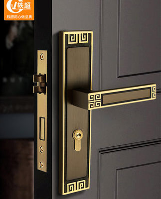 Khóa cửa phong cách Trung Quốc mới màu đồng nguyên chất trong nhà khóa cửa phòng ngủ từ tính hút câm cửa gia đình bằng gỗ cổ Tay nắm cửa đôi