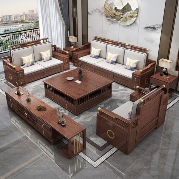 Sofa gỗ óc chó kiểu Trung Quốc mới kết hợp mùa đông và mùa hè phòng khách đa năng hiện đại sofa căn hộ lớn và nhỏ đơn giản