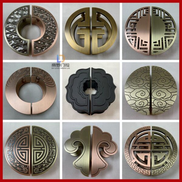Tay nắm cửa bán nguyệt rỗng Tương Vân bằng đồng cổ Trung Hoa cho cửa kính và cửa gỗ màu đen tinh tế