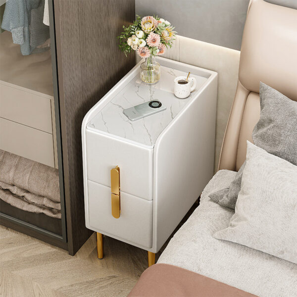 Bàn đầu giường mini nhỏ hiện đại tối giản phong cách Ý tối giản đá phiến da gỗ nguyên khối phòng ngủ nhẹ sang trọng bàn đầu giường siêu hẹp