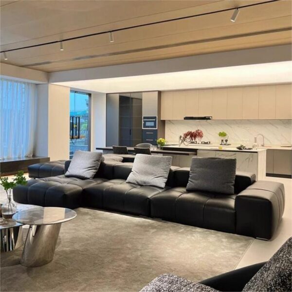 Sofa da pixel tối giản của Ý phòng khách màu đen lớp đầu tiên da bò thiết kế nghệ thuật kết hợp sofa Phật Sơn
