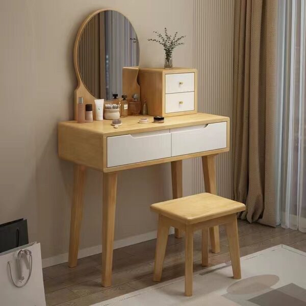 Bàn trang điểm bằng gỗ nguyên khối kiểu Bắc Âu Bàn trang điểm tối giản hiện đại có gương có đèn Internet mới Bàn trang điểm nổi tiếng có ghế trang điểm