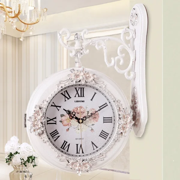 Đồng Hồ Treo Tường TUDA Lối Vào 2 Mặt Xoay Trắng Vàng Thiết Kế Hoa Lớn Trang Trí Phòng Khách Phòng Ngủ