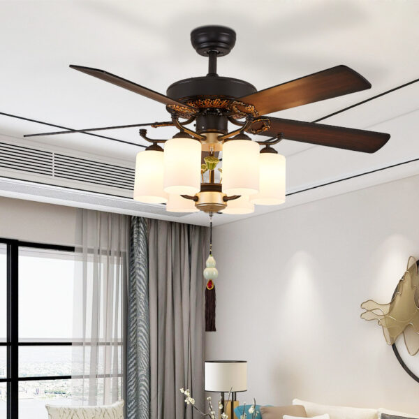 Đèn quạt im lặng phong cách Trung Quốc mới Phòng khách phòng trà phong cách Trung Quốc Đèn quạt trần lá gỗ phòng ngủ nhà hàng Quạt trần có đèn