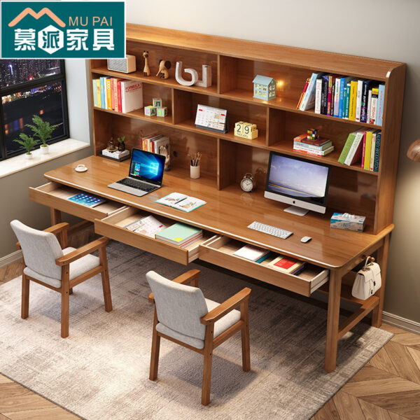 Bàn làm việc bằng gỗ nguyên khối đôi hoặc ba người Giá sách tích hợp bàn viết cho học sinh Bàn máy tính tại nhà đơn giản Bàn học có tủ sách