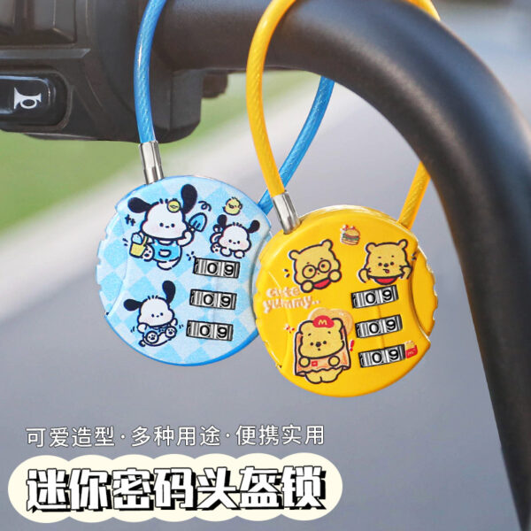 Phim hoạt hình xe điện mũ bảo hiểm khóa mật khẩu túi hành lý dây mini ổ khóa pin xe giỏ khóa di động