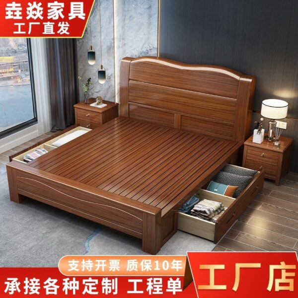 Phong cách Trung Hoa mới giường gỗ chắc chắn quả óc chó phòng ngủ chính giường đôi công suất lớn đầu giường lưu trữ kéo đẩy nhà giường cưới hiện đại