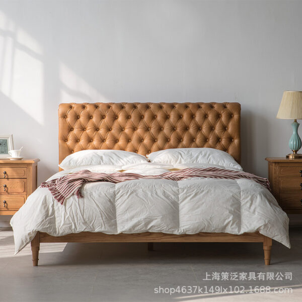 Ánh sáng Bắc Âu sang trọng retro màu đen chính hãng da gỗ chắc chắn giường đôi Mỹ phong cách đồng quê đơn giản 1.8 mét cưới đầu giường lớp da bò