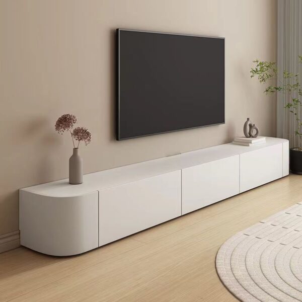 Phòng khách lớn nhỏ đơn giản hiện đại tích hợp tủ tivi và bàn cà phê kết hợp tủ tivi gỗ nguyên khối đặt sàn màu trắng mờ