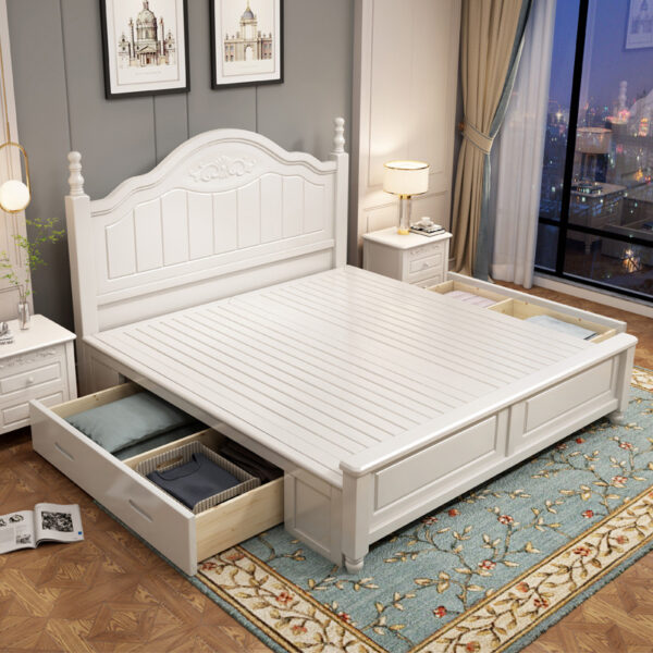 Giường gỗ nguyên khối Mỹ 1,8m phòng ngủ master đơn giản hiện đại 1,5 màu trắng mục vụ Hàn Quốc 1,2m đơn và đôi cho trẻ em công chúa