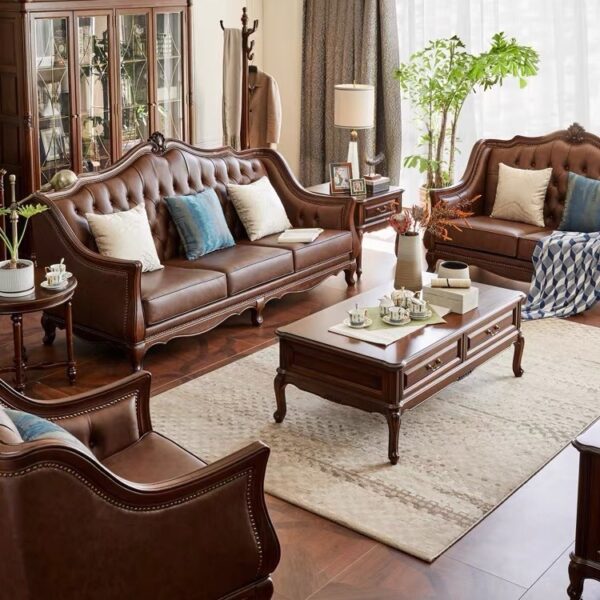 Sofa da nguyên khối theo phong cách đồng quê Mỹ phòng khách đơn đôi ba chạm khắc cổ điển phong cách châu Âu biệt thự căn hộ lớn sofa câu lạc bộ