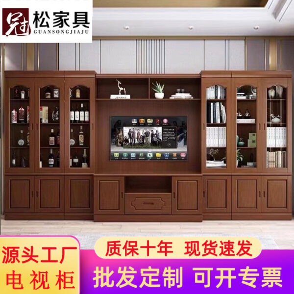 Tủ tivi gỗ nguyên khối kết hợp tủ sách 2,4m3m 3,8m phòng khách lớn tường video đứng sàn công suất lớn
