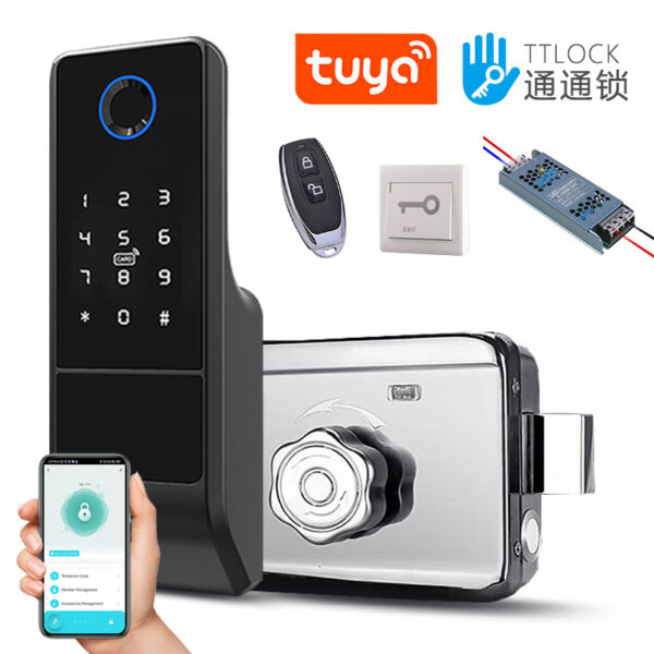 Ngoài trời bên ngoài cửa sắt kiểu cũ khóa vân tay hai mặt đầu bò khóa thông minh Khóa Tongtong APP Nhà sản xuất Trung Sơn