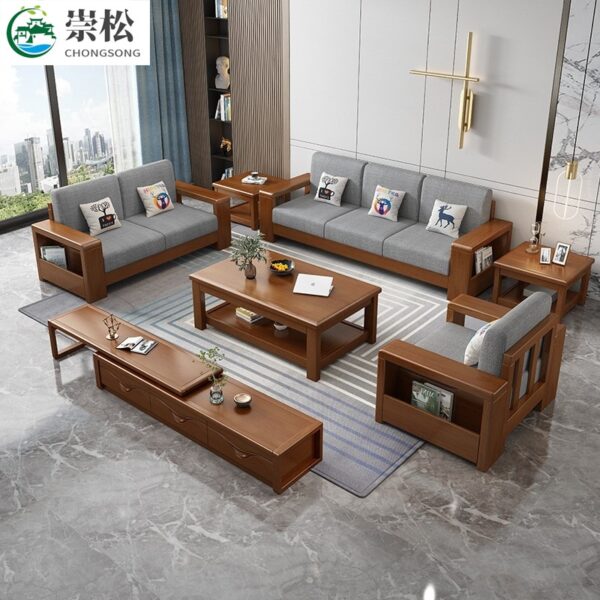 Sofa gỗ nguyên khối phong cách Trung Quốc mới kết hợp phòng khách đơn giản hiện đại lưu trữ sofa gỗ căn hộ nhỏ sofa vải tiết kiệm