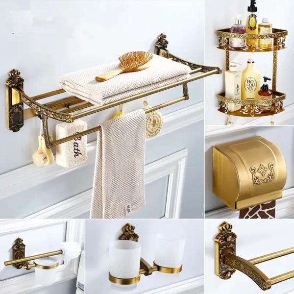 Kệ Nhà Tắm Cổ Nhôm Phong Cách Châu Âu Giá Đỡ Móng Tay Miễn Phí Tắm Rổ Góc Tường Khắc Vintage Phụ Kiện