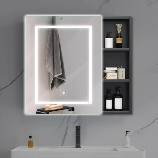 Tủ lưu trữ phòng tắm có đèn LED Gương Cửa đơn Tủ phòng tắm treo tường có gương có thể điều chỉnh độ sáng
