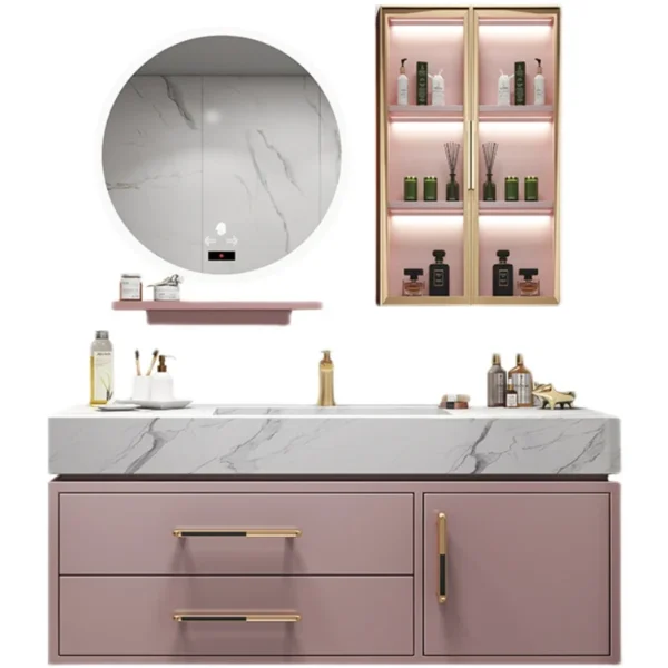 Tủ phòng tắm kết hợp phòng tắm màu hồng Chậu rửa tay 60cm đèn hồ bơi sang trọng tấm đá tích hợp chậu rửa