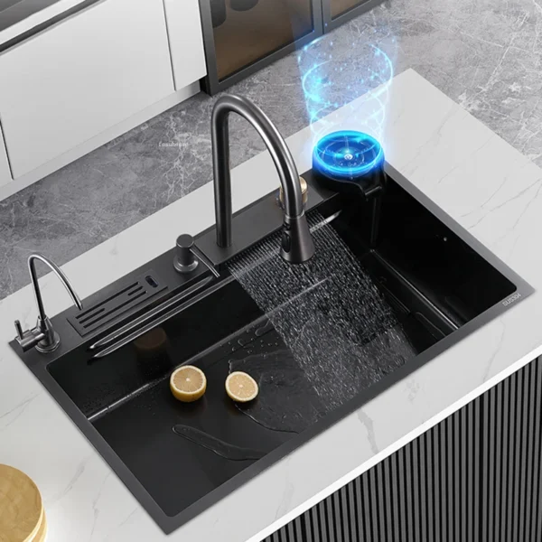 Nano Đen Bồn Rửa Nhà Bếp Inox 304 Giá Treo Dao Nhà Bếp Thác Nước Lớn Đơn Khe Cắm Dưới Quầy Nước Rửa Chén bồn N