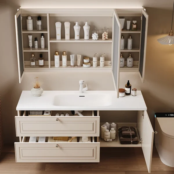 Pháp Kem Phong Cách Tủ Phòng Tắm Đá Tấm Gốm Liền Mạch Lưu Vực Vệ Sinh Mặt Rửa Kết Hợp Nội Thất Phòng Tắm KMBC