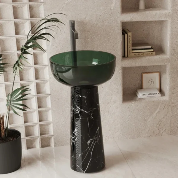 Sàn đứng bằng đá cẩm thạch tự nhiên trong suốt màu xanh lá cây rửa tay, mặt, chậu rửa, chậu cột, tủ phòng tắm, tủ phòng tắm